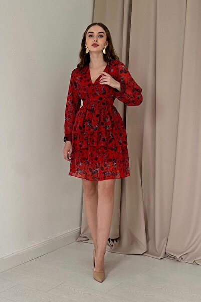 Elbee Fashion Woman Eteği Kat Kat V Yaka Elbise