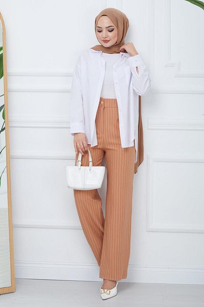 hafsamina Camel Pleated Striped Trousers - HM2354