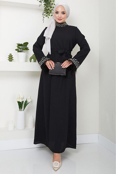 hafsamina Black Evening Dress - Stone Detailed HM22464