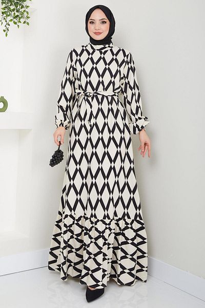 hafsamina Baklava Pattern Viscose Dress Black HM2402