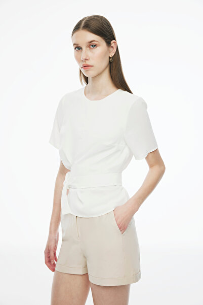 Perspective Ecru Colored Elonias Regular Fit Women's Blouse - Zero Sleeve, Crew Neck