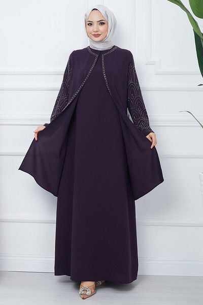 hafsamina Μητρικό φόρεμα Plus Size με κοσμήματα μανίκια Μωβ HM2349