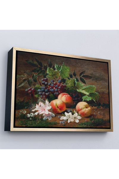 Oxyteez Pictură de piersici și struguri pe sol cu ​​cadru din lemn-7046