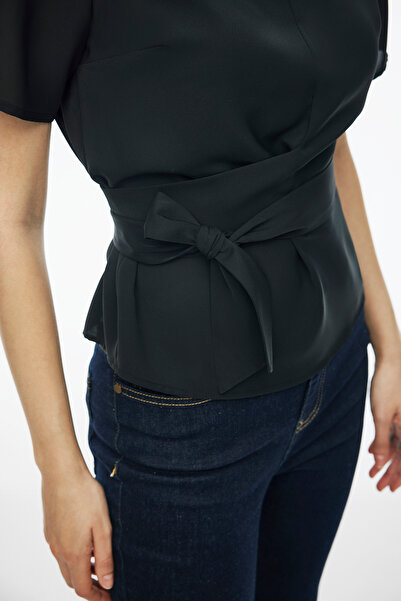 Perspective Elonias Black Crew Neck Regular Fit Women's Blouse