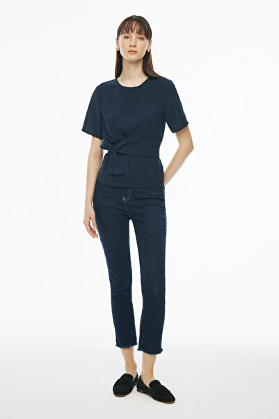 Perspective Elonias Navy Blue Regular Fit Women's Blouse - Zero Sleeve, Crew Neck