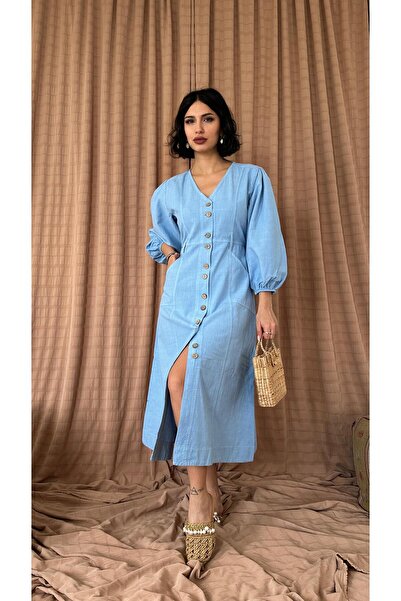 Elbee Fashion Woman فستان بأزرار مصبوغة من الكتان