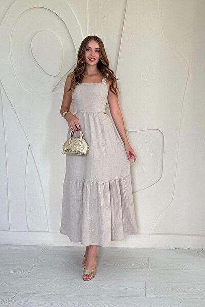 Elbee Fashion Woman Rochie cu mâneci cu volane - Bej 8259