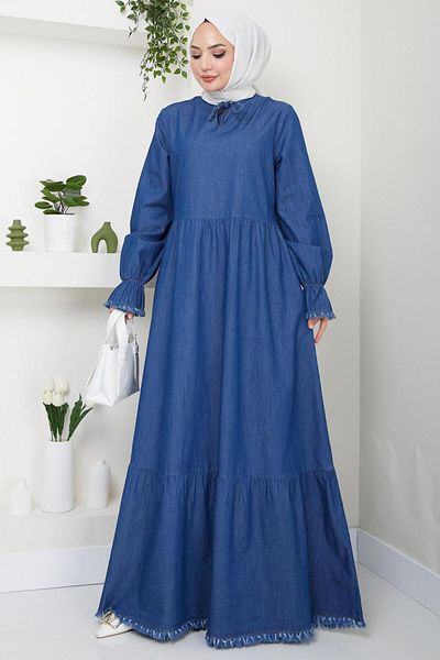 hafsamina Dark Blue Tassel Collar Lace-up Denim Dress - HM2459