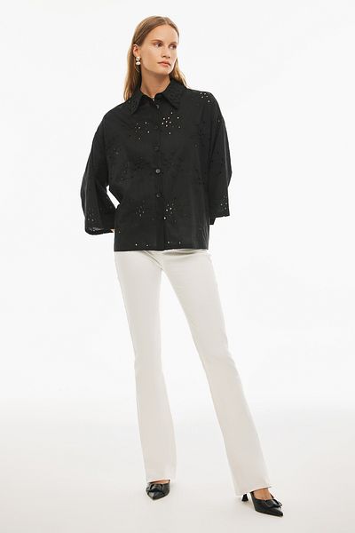 Perspective Adnas Regular Fit Abstract Patterned Standard Size Low Sleeve Shirt Collar Black Color Women's Shirt
