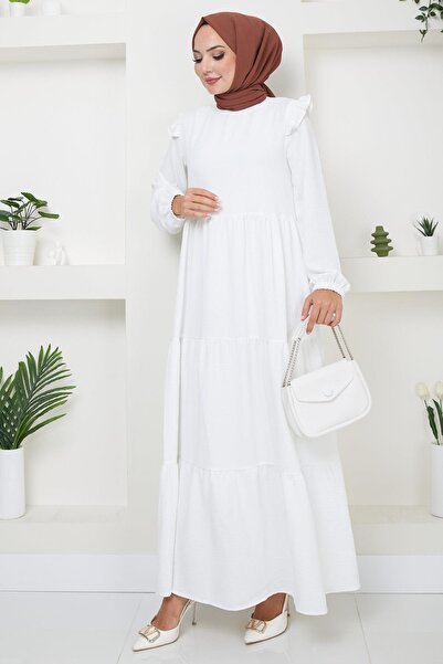 hafsamina Λευκό Μουσουλμανικό Φόρεμα - Βολάν ώμου, Ayrobin HM2062