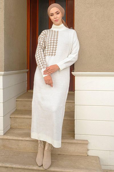 hafsamina Houndstooth Patterned Knitwear Dress White HM2241