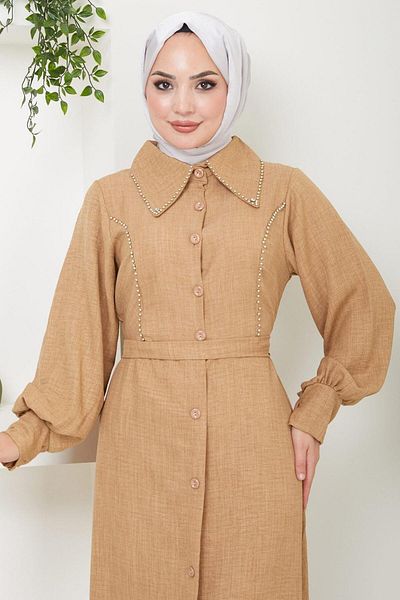 hafsamina Beige Sofia Beaded Dress - HM2476