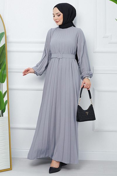 hafsamina Belted Pleated Aerobin Dress Gray HM2339