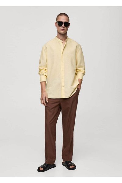 MANGO Man Classic Cut Linen Mao Collar Shirt