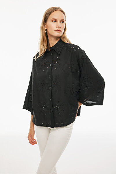 Perspective Adnas Regular Fit Abstract Patterned Standard Size Low Sleeve Shirt Collar Black Color Women's Shirt