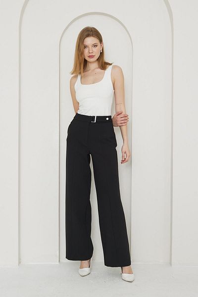 LOVELF Black Wide Leg Trousers - Buckle Detailed
