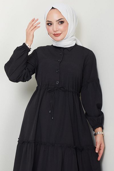 hafsamina Black Gathered Dress - Button Detail, HM2493