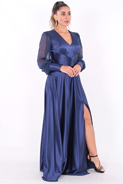 aşkın göksu Lacivert V Yaka Belden Drapeli Uzun Kollu Saten Şifon Kombineli K...