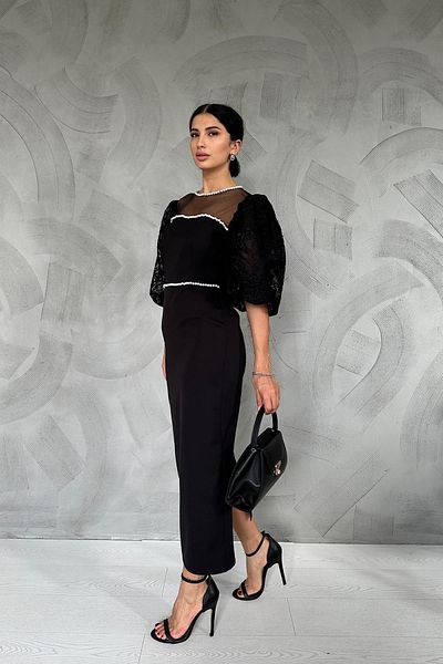 Elbee Fashion Woman Rochie alb-negru cu mâneci cu dantelă cu perle