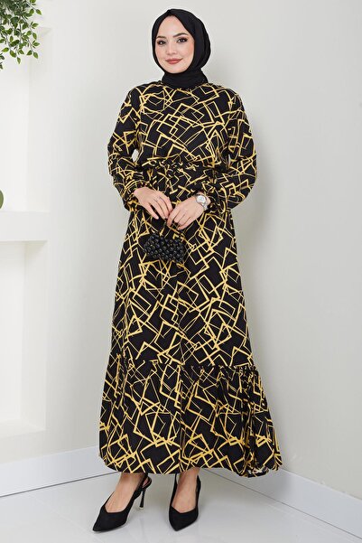 hafsamina Geometric Patterned Viscose Dress Yellow HM2401
