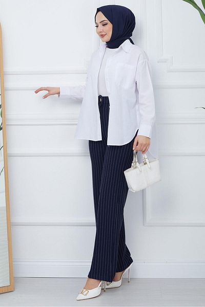 hafsamina Navy Blue Striped Crepe Wide Leg Trousers - HM2355