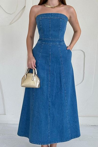 Elbee Fashion Woman Strapless Maxi Denim Dress
