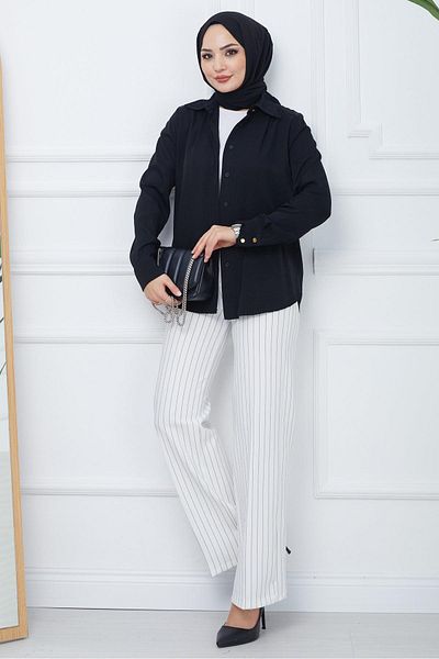 hafsamina White Striped Crepe Trousers - Wide Leg HM2355