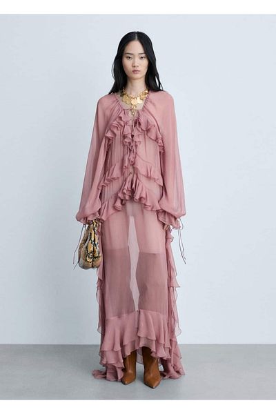 MANGO Woman Ημιδιάφανο φόρεμα σιφόν με βολάν