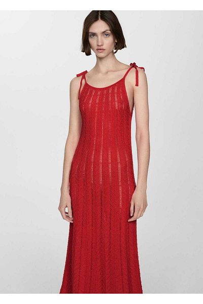 MANGO Woman Openwork Knit Dress with Tie Detail