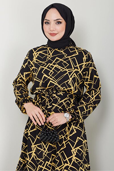 hafsamina Geometric Patterned Viscose Dress Yellow HM2401