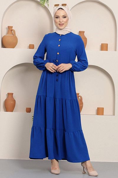 hafsamina Saks Colorful Ayrobin Dress - Gathered and Buttoned HM8811