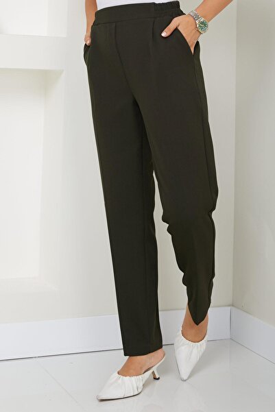 hafsamina Khaki Colored Elastic Waist Trousers - HM2487