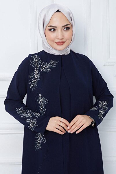 hafsamina Φόρεμα Mother's Large Size με πέτρα Navy Blue Leaf - HM2350