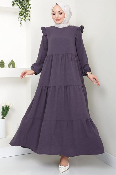 hafsamina Smoke Colored Hijab Dress - Shoulder Detail, Ayrobin HM2062