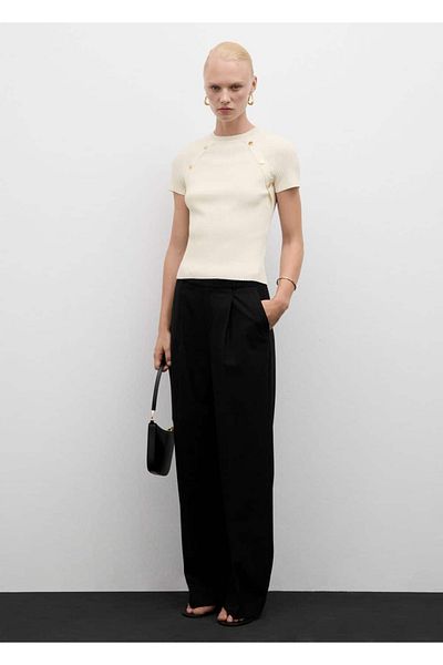 MANGO Woman Ribbed Short Sleeve Sweater - Buttoned Design
