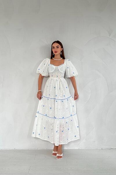 Elbee Fashion Woman Μπλε Κέντημα Φόρεμα - Δαντέλα Λεπτομέρεια