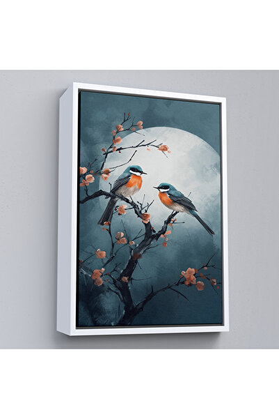 Oxyteez Pictură cu două păsări pe ramuri cu rame din lemn cu flori roz-8004