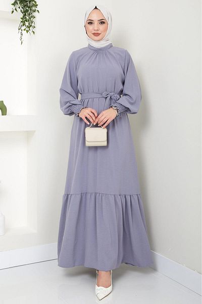 hafsamina Gray Flounced Sleeve Elastic Dress - HM2074