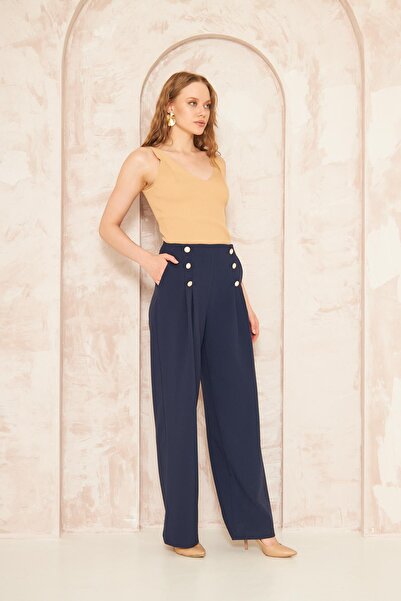 LOVELF Düğme Detay Bol Paça Pantolon Lacivert