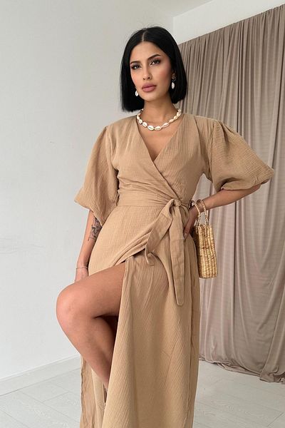 Elbee Fashion Woman Φόρεμα μουσελίνας με μπεζ ζώνη