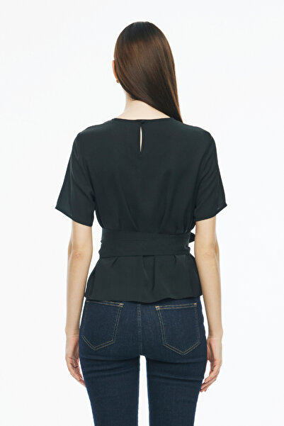 Perspective Elonias Black Crew Neck Regular Fit Women's Blouse