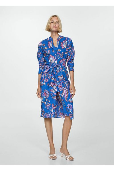 MANGO Woman Φόρεμα με φλοράλ στάμπα με λεπτομέρεια γραβάτα