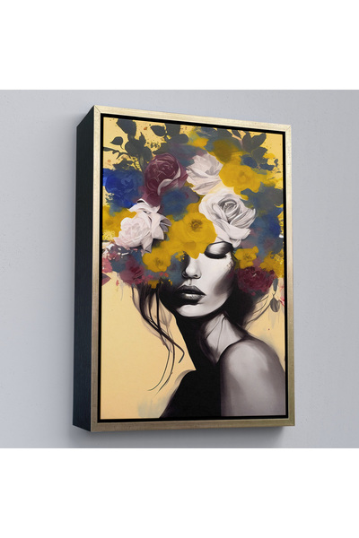 Oxyteez Pictură abstractă de femeie cu cap de floare cu cadru din lemn-7831
