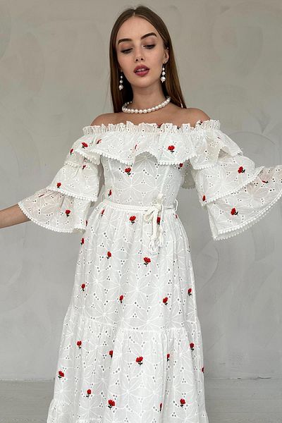 Elbee Fashion Woman Embroidered Dress with Elastic Shoulders