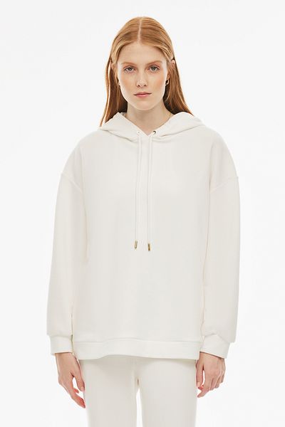 Perspective Larks Comfortable Fit Standard Size Low Sleeve Hooded Ecru Color Women's Tracksuit Top