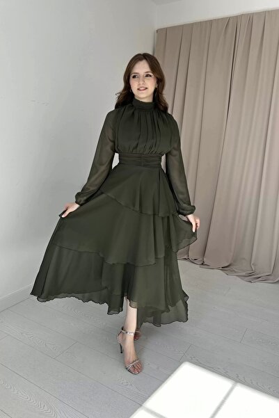 HELİS BUTİK Φόρεμα από σιφόν χακί - Με ψηλό λαιμό και λεπτομέρεια ντραπέ