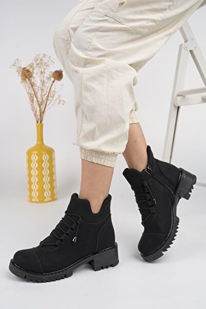 MUGGO Molde Garantili Kadın Streç Lastik Bağcıklı Fermuarlı Bot