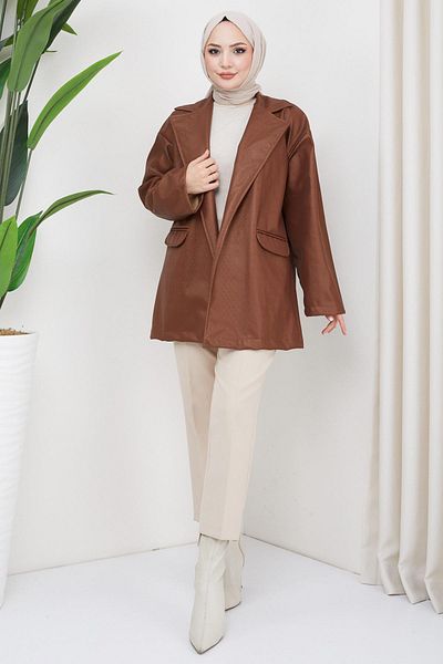 hafsamina Glitter Look Faux Leather Jacket Καφέ HM2325