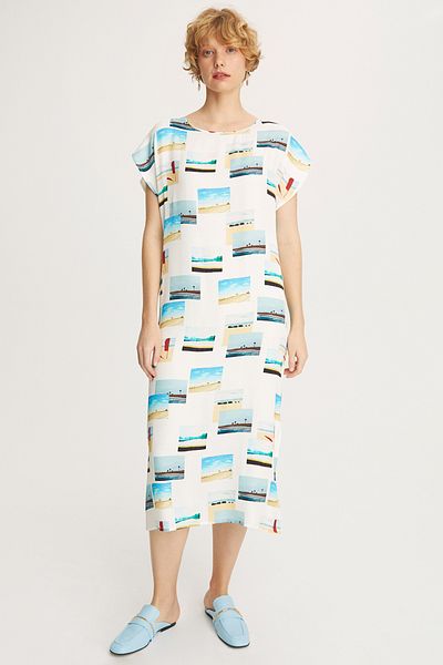 Perspective Tia - Round Neck Midi Ecru Color Patterned Landscape Dress
