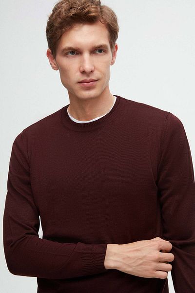 D'S Damat Regular Fit Claret Red Plain Knitted Wool Knitwear Sweater